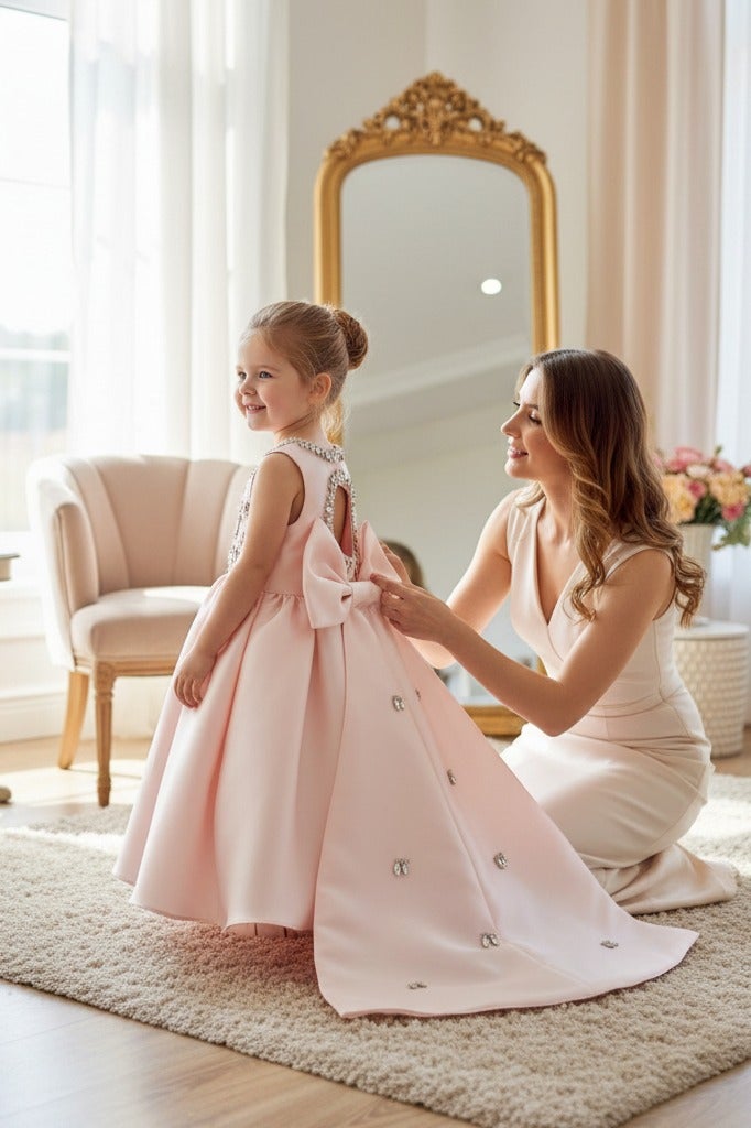 BHNS Elegant puffy evening dresses for children, perfect for parties and special occasions. These dresses are suitable for girls' weddings, celebrations, and holidays. Available in white, yellow, pink, and lemon hues. Beautiful Eid dresses for all occasions. Dresses for ages 2 to 15. Elegant and beautiful dresses for girls aged 2 to 15. Girls' sets with trains and puffy skirts. Suitable for evening parties, summer wear, short dresses, and long dresses. Brand name. - Image 5